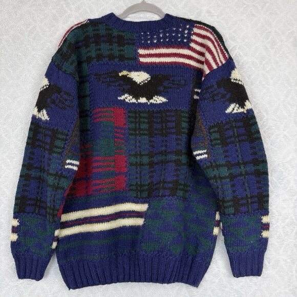 Vtg Hand Knit 100% Wool Crewneck Sweater Mens M USA American Flag Eagle Preppy - Picture 4 of 9
